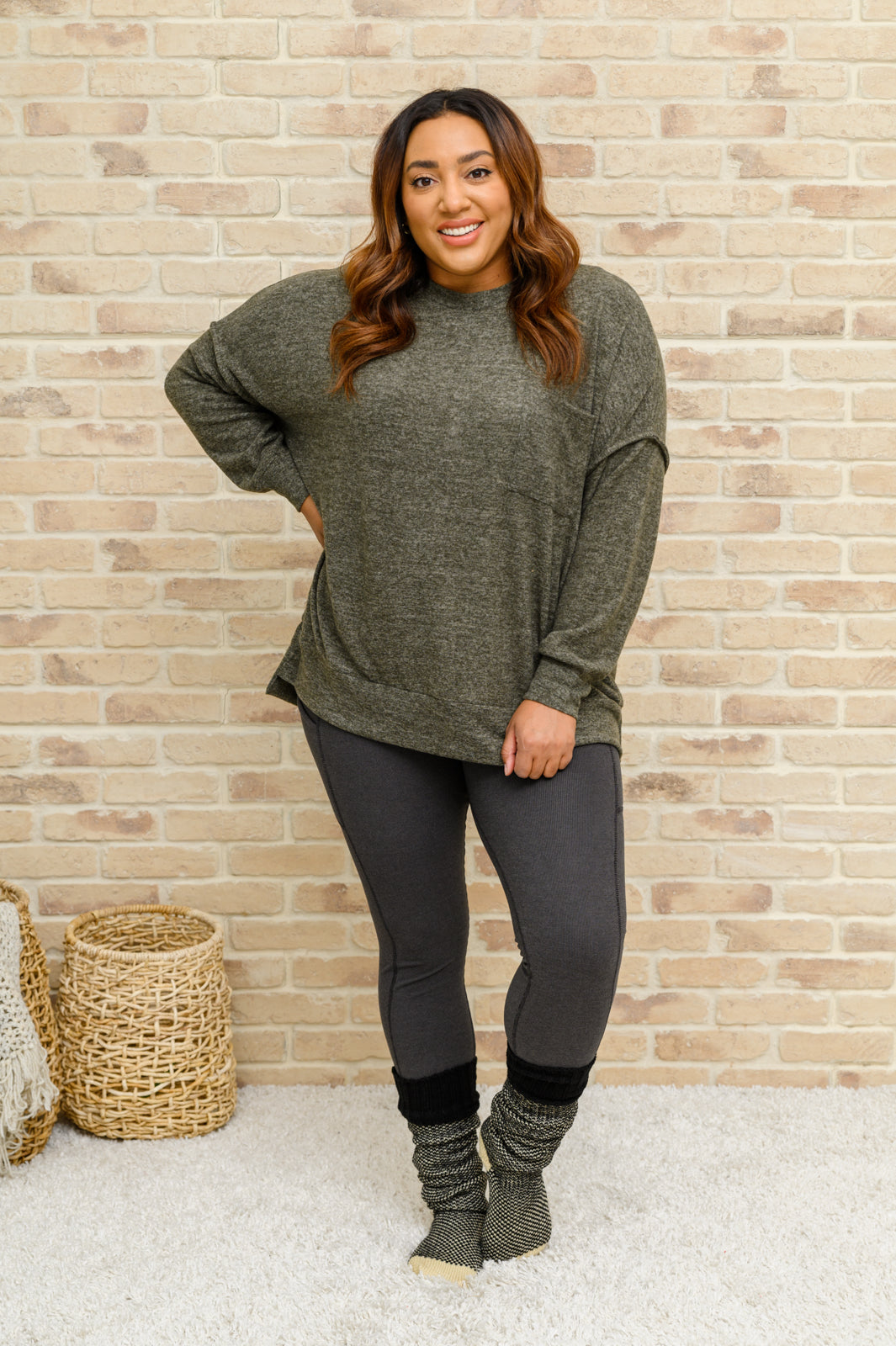 Hanging Around Brushed Drop Shoulder Sweater In Olive