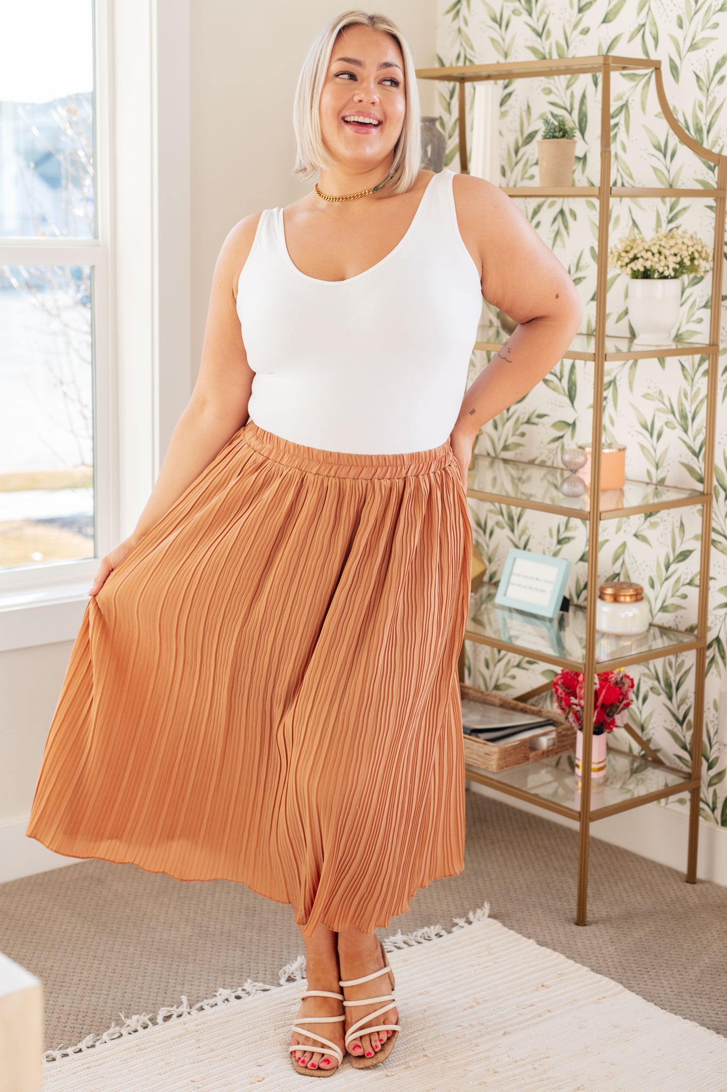 Talk to Me Pleated Midi Skirt Tan 1XL