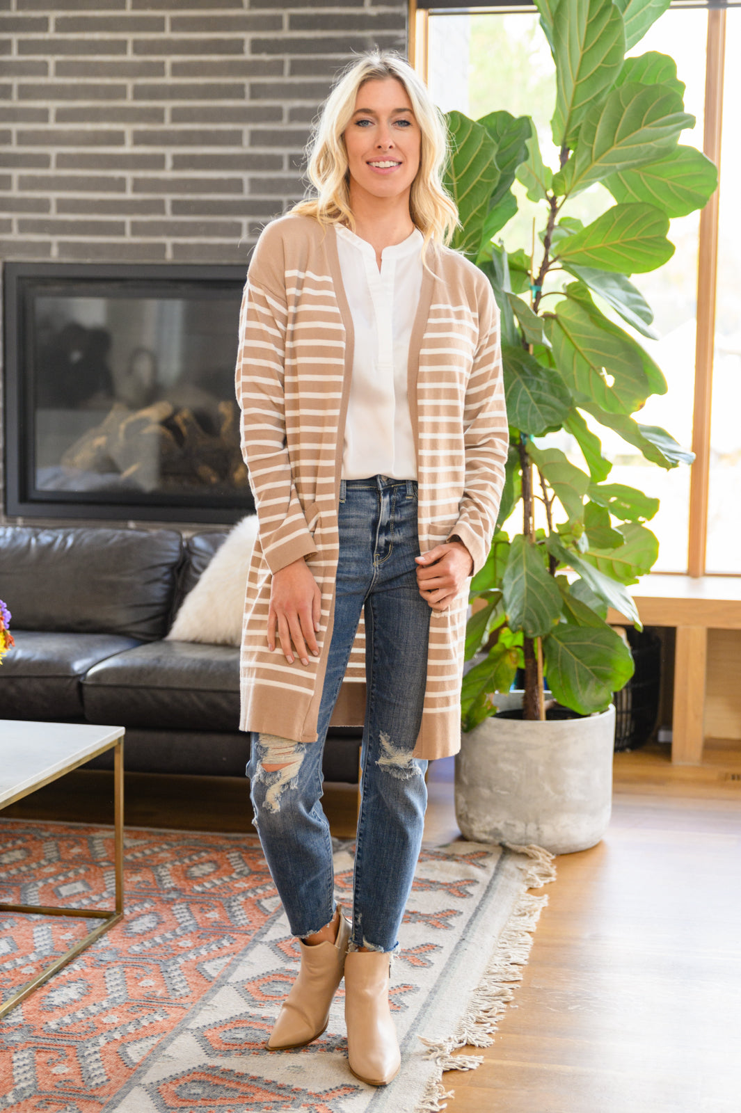 Taking it Easy Striped Cardigan In Taupe