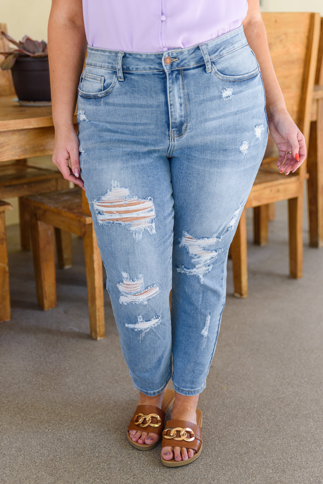 Judy Blue Florence High Waist Destroyed Boyfriend Jeans Medium Wash 14W