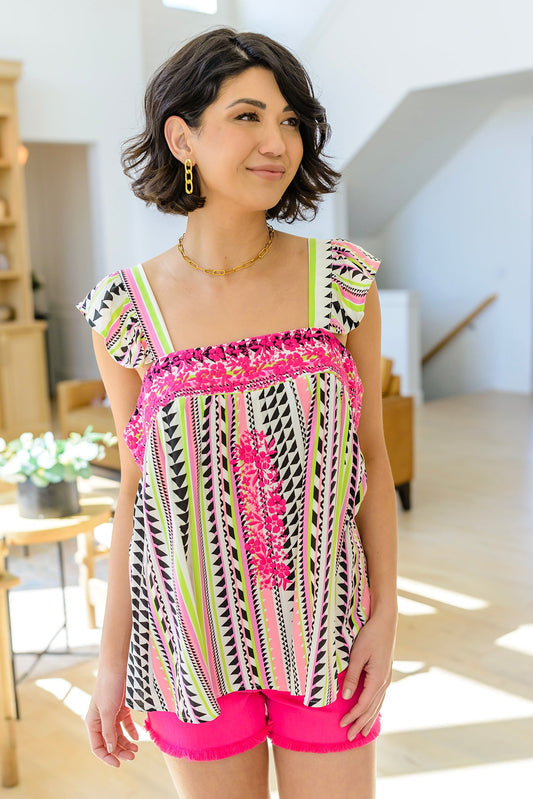 Electric Threads Neon Geometric Embroidered Top Neon Stripe S