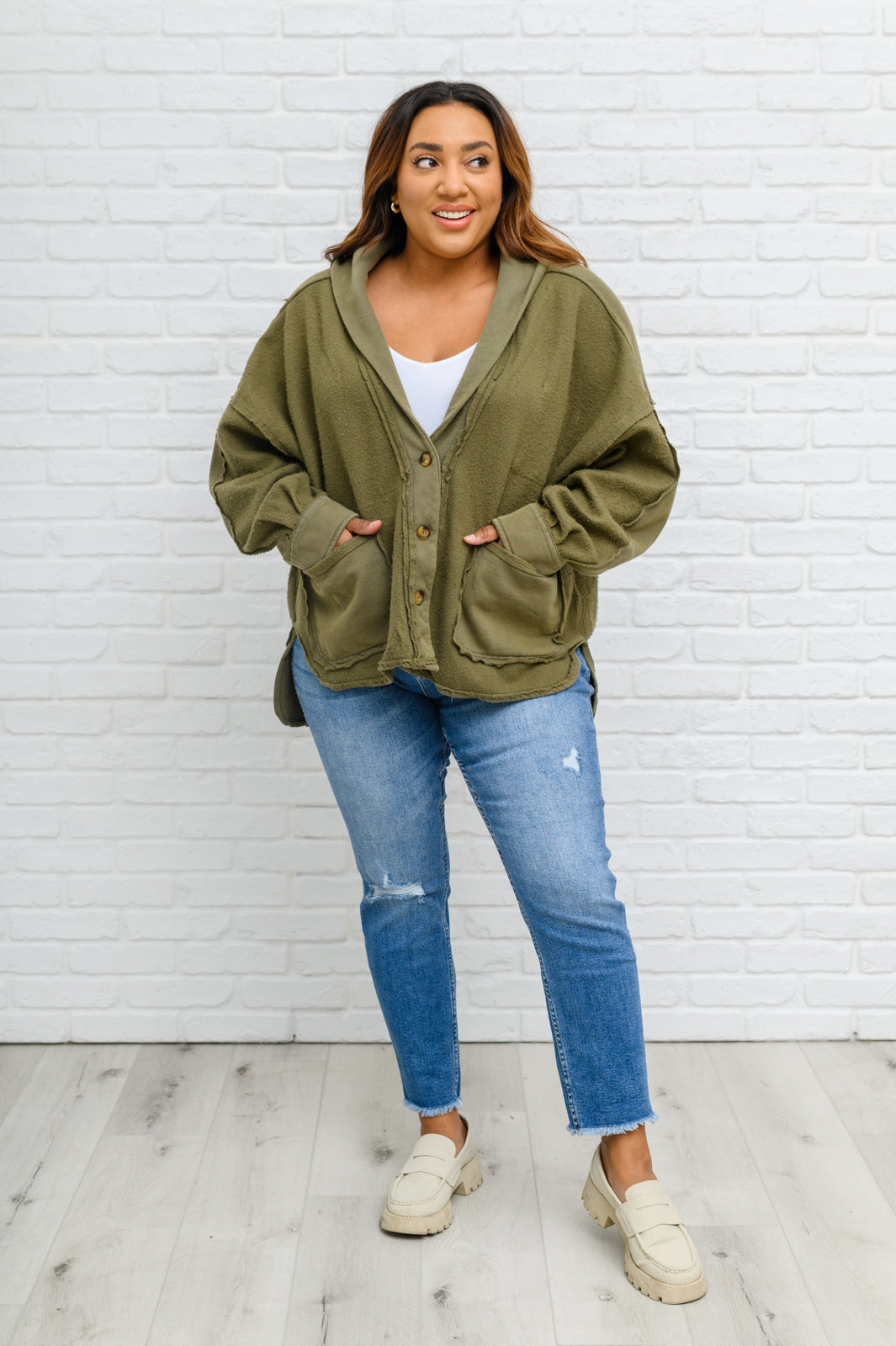 Come My Way French Terry Mineral Wash Jacket In Olive