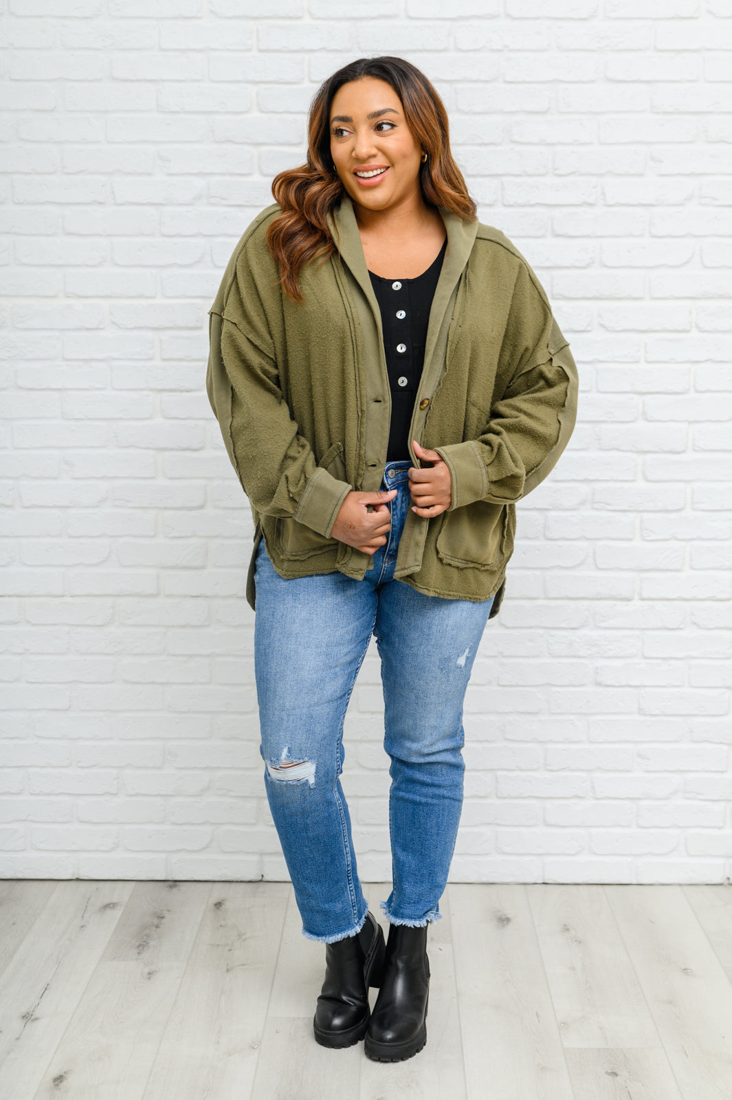 Come My Way French Terry Mineral Wash Jacket In Olive