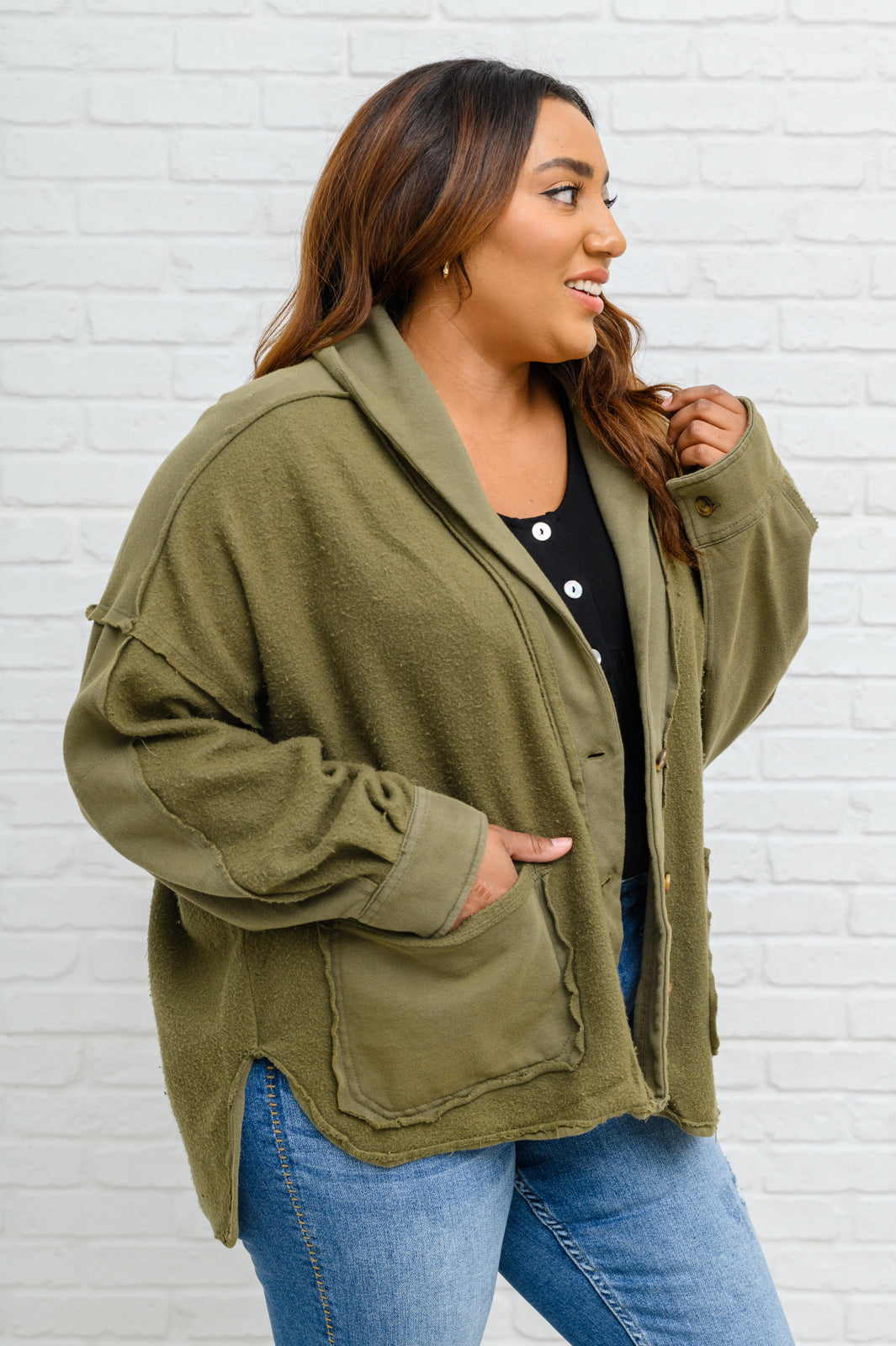 Come My Way French Terry Mineral Wash Jacket In Olive
