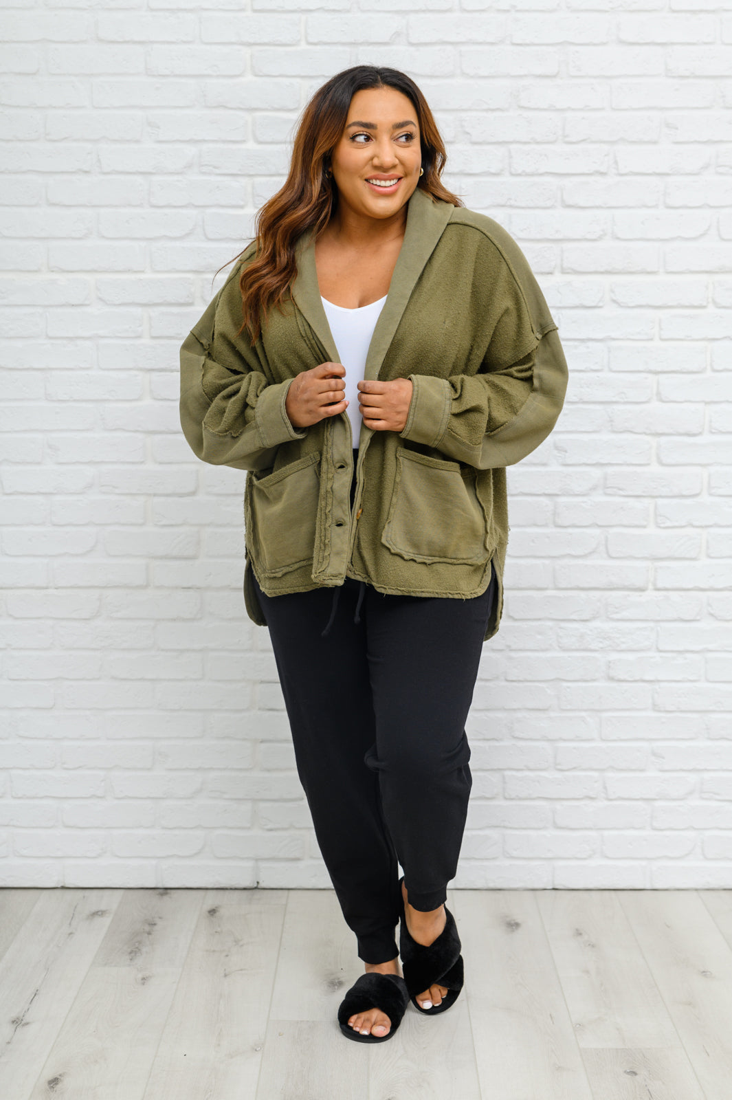 Come My Way French Terry Mineral Wash Jacket In Olive