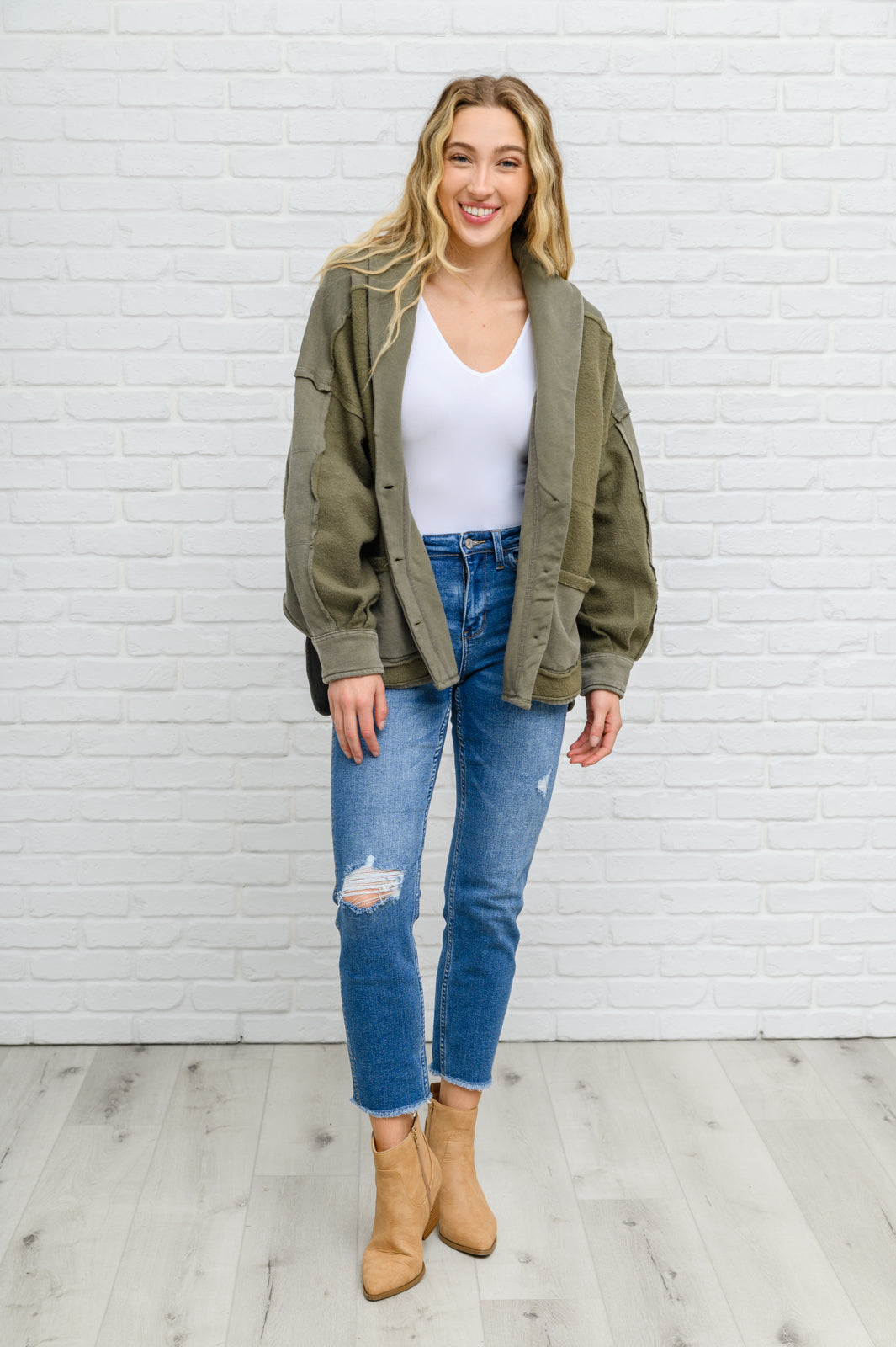Come My Way French Terry Mineral Wash Jacket In Olive