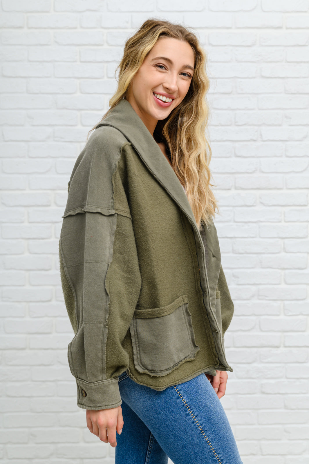 Come My Way French Terry Mineral Wash Jacket In Olive