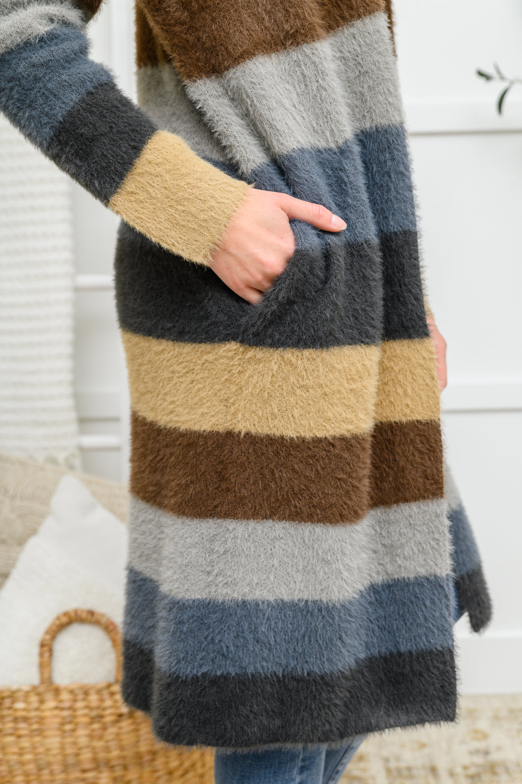 Feeling the Day Fuzzy Longline Cardigan In Blue & Cocoa