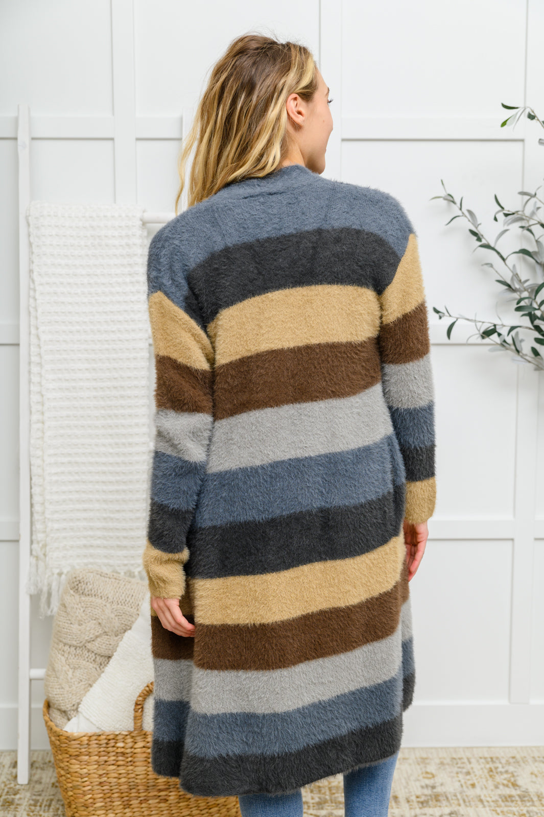 Feeling the Day Fuzzy Longline Cardigan In Blue & Cocoa