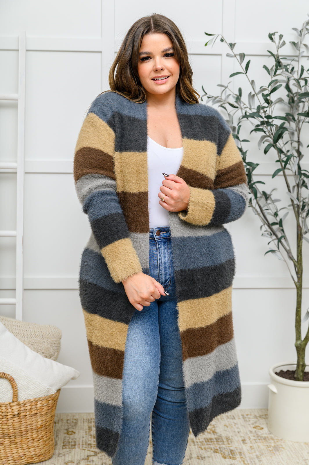 Feeling the Day Fuzzy Longline Cardigan In Blue & Cocoa