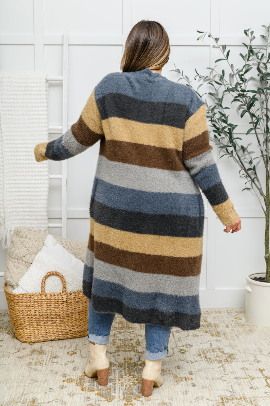 Feeling the Day Fuzzy Longline Cardigan In Blue & Cocoa