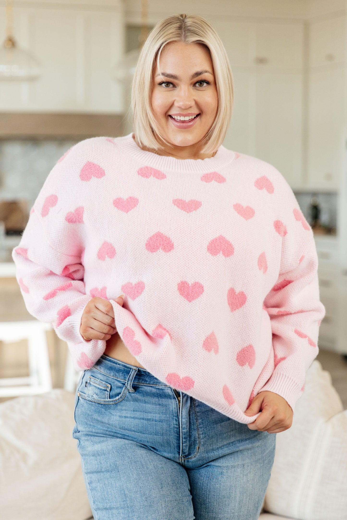 Love Me More Heart Knit Sweater Pink 1XL