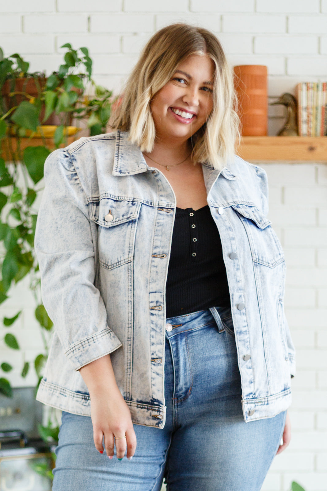 Tiffany Puff Sleeve Acid Wash Denim Jacket Acid Wash 1XL