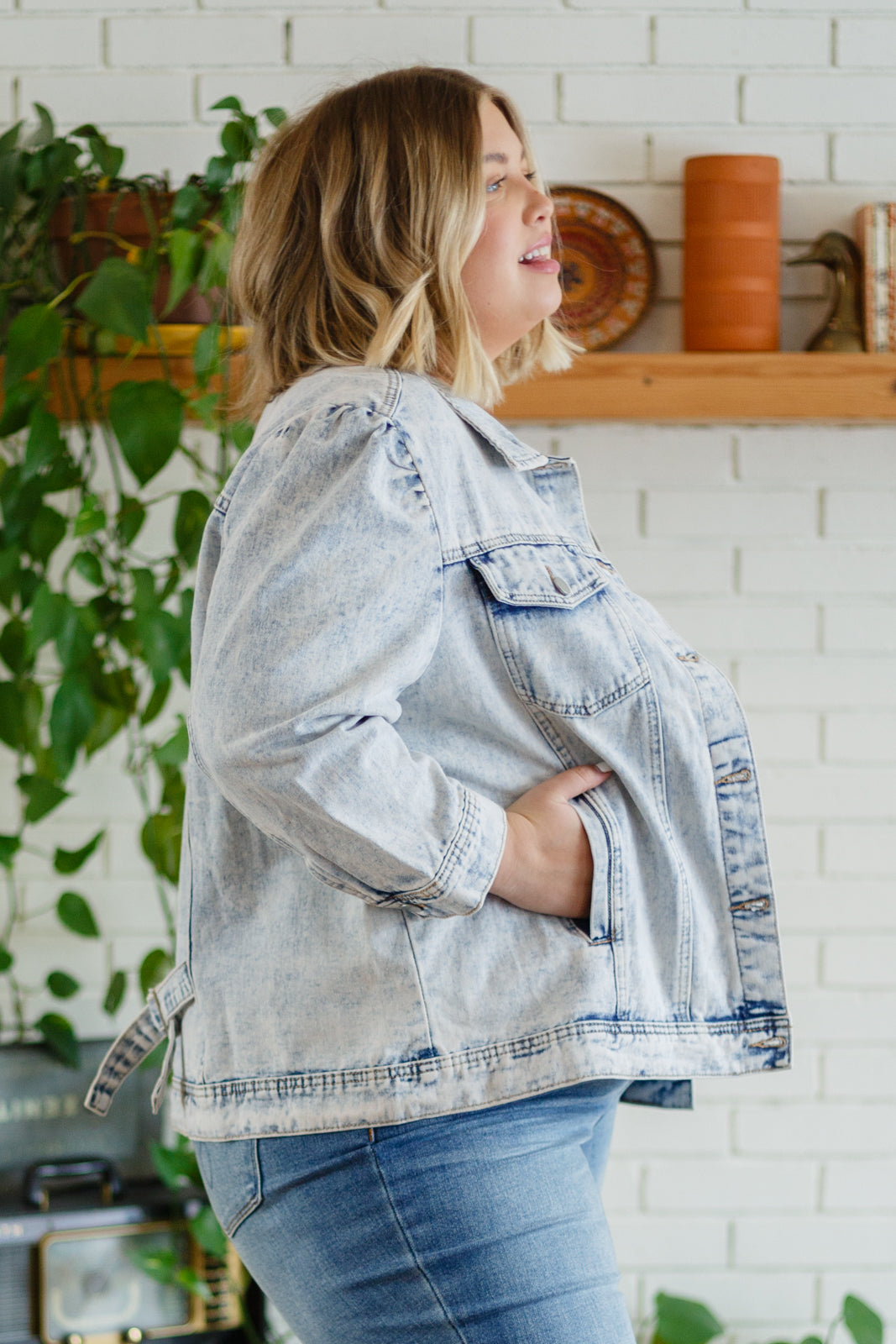 Tiffany Puff Sleeve Acid Wash Denim Jacket