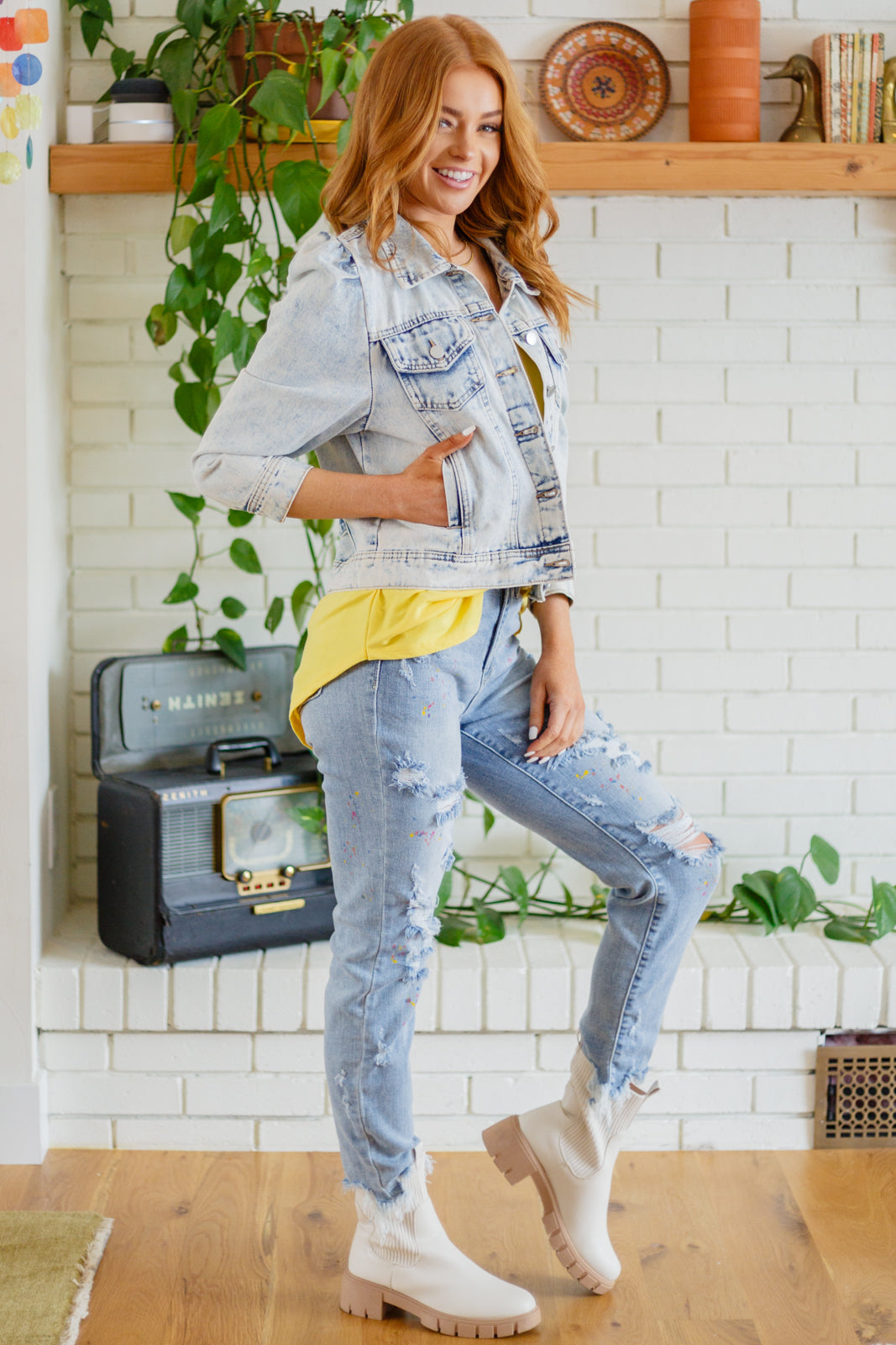 Tiffany Puff Sleeve Acid Wash Denim Jacket