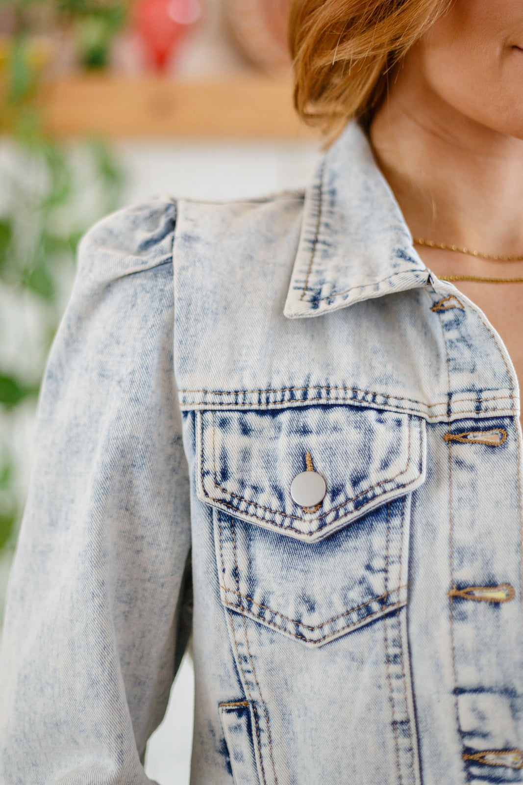 Tiffany Puff Sleeve Acid Wash Denim Jacket