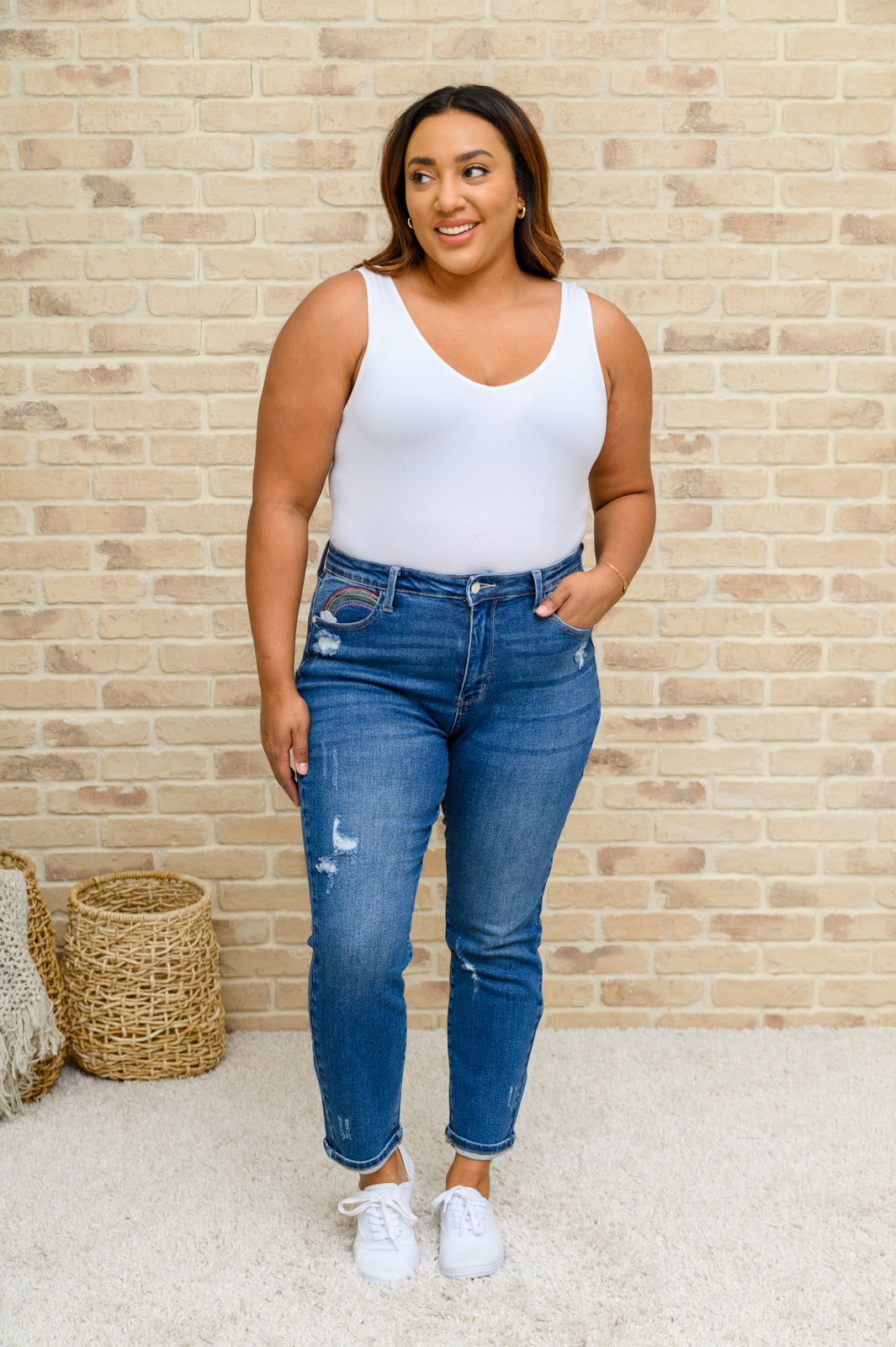 Judy Blue High Rise Rainbow Embroidered Straight Leg Jeans