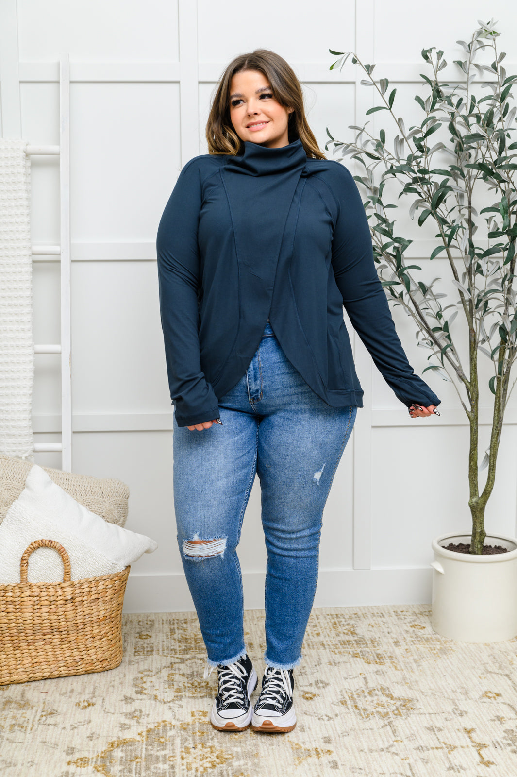 Sport a Look Asymmetric Cowl Neck Jacket In Navy