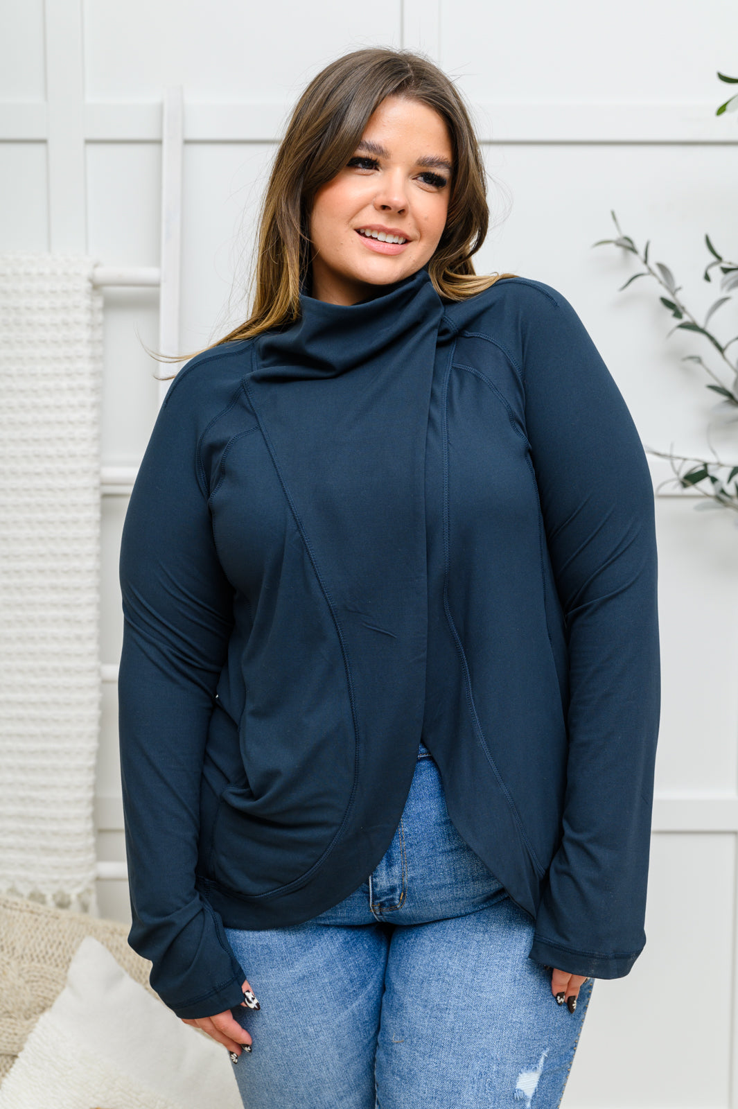 Sport a Look Asymmetric Cowl Neck Jacket In Navy
