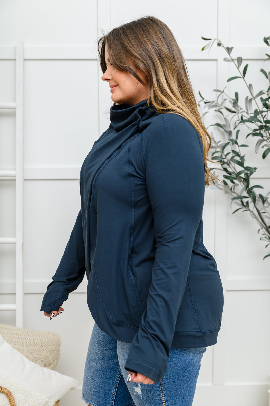 Sport a Look Asymmetric Cowl Neck Jacket In Navy