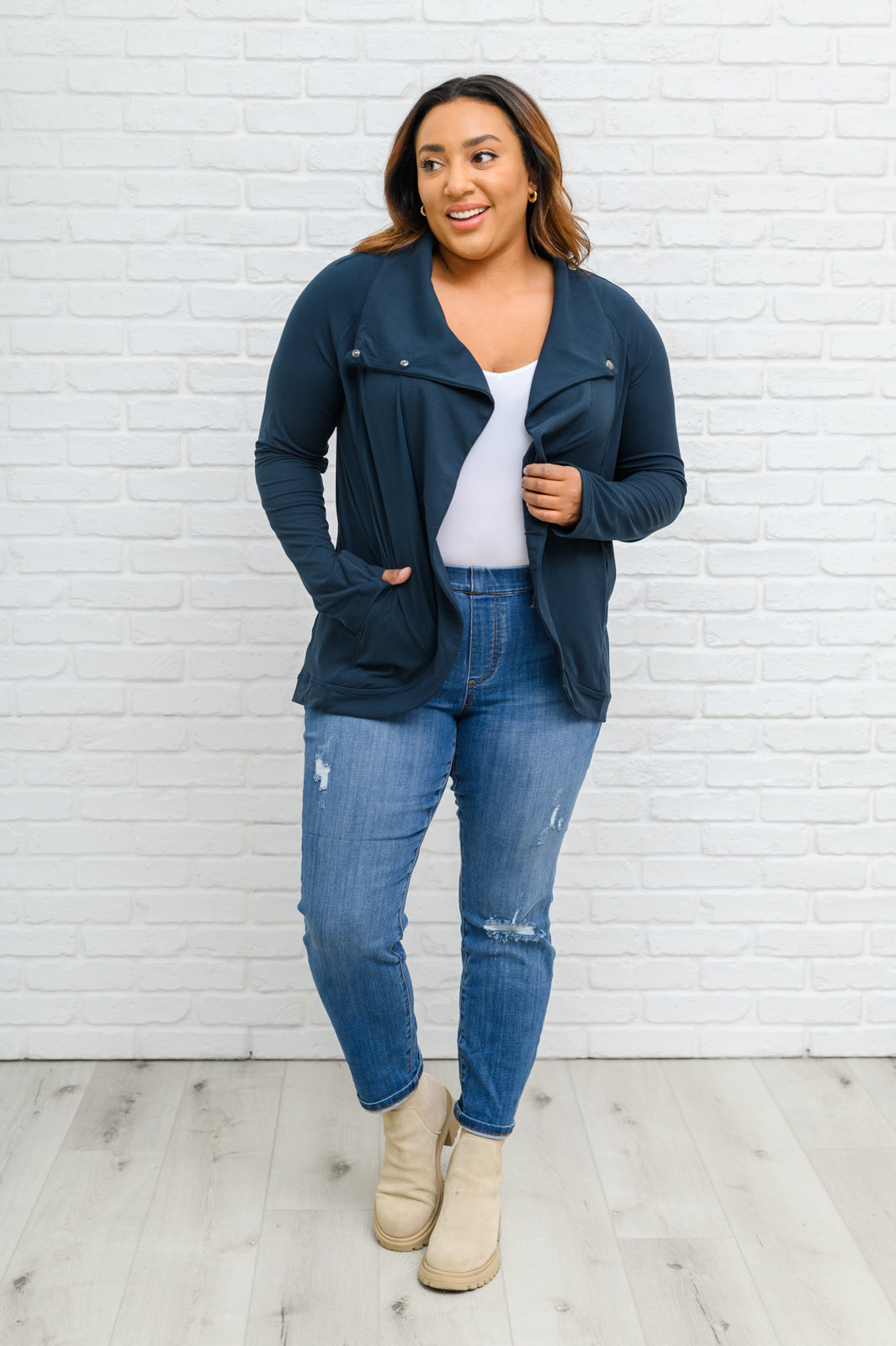 Sport a Look Asymmetric Cowl Neck Jacket In Navy