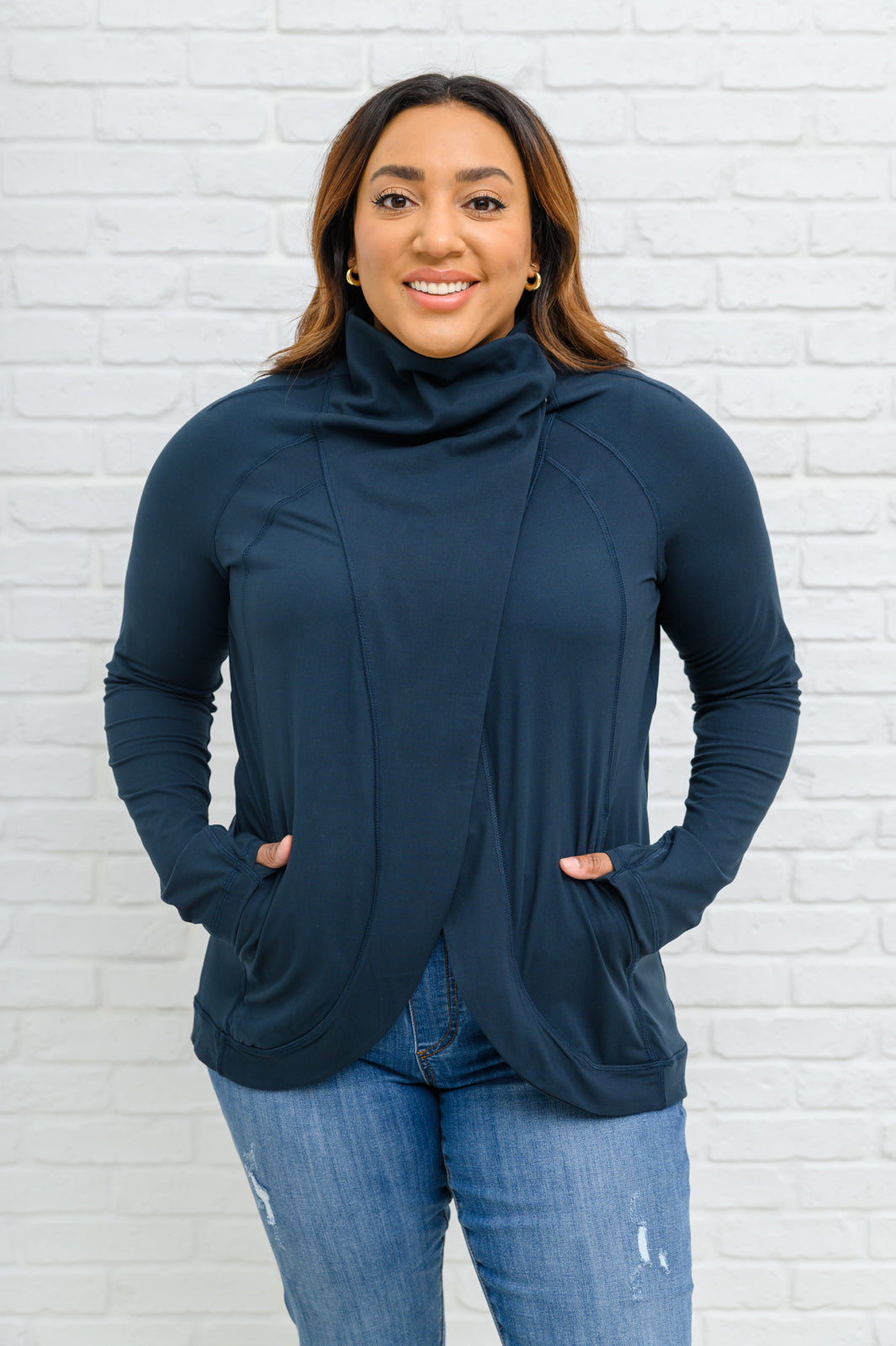 Sport a Look Asymmetric Cowl Neck Jacket In Navy Navy 1XL