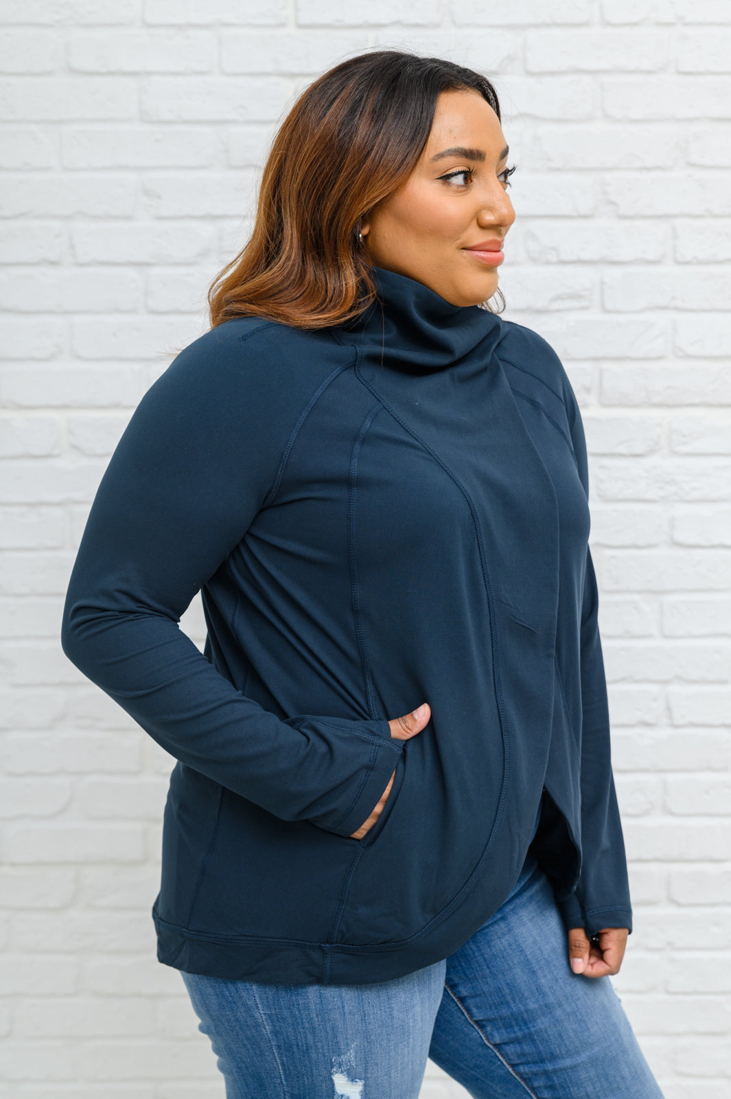 Sport a Look Asymmetric Cowl Neck Jacket In Navy