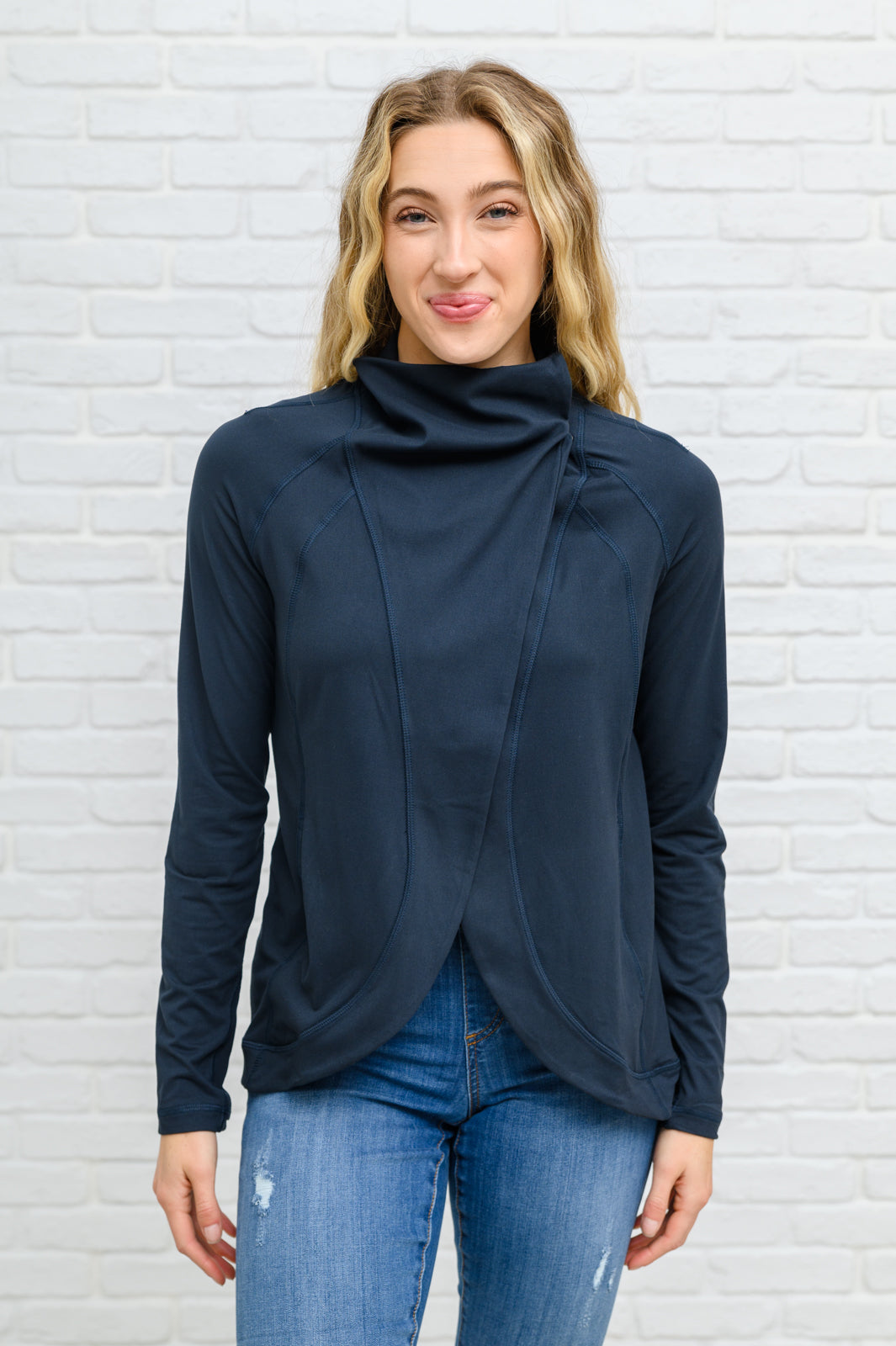 Sport a Look Asymmetric Cowl Neck Jacket In Navy