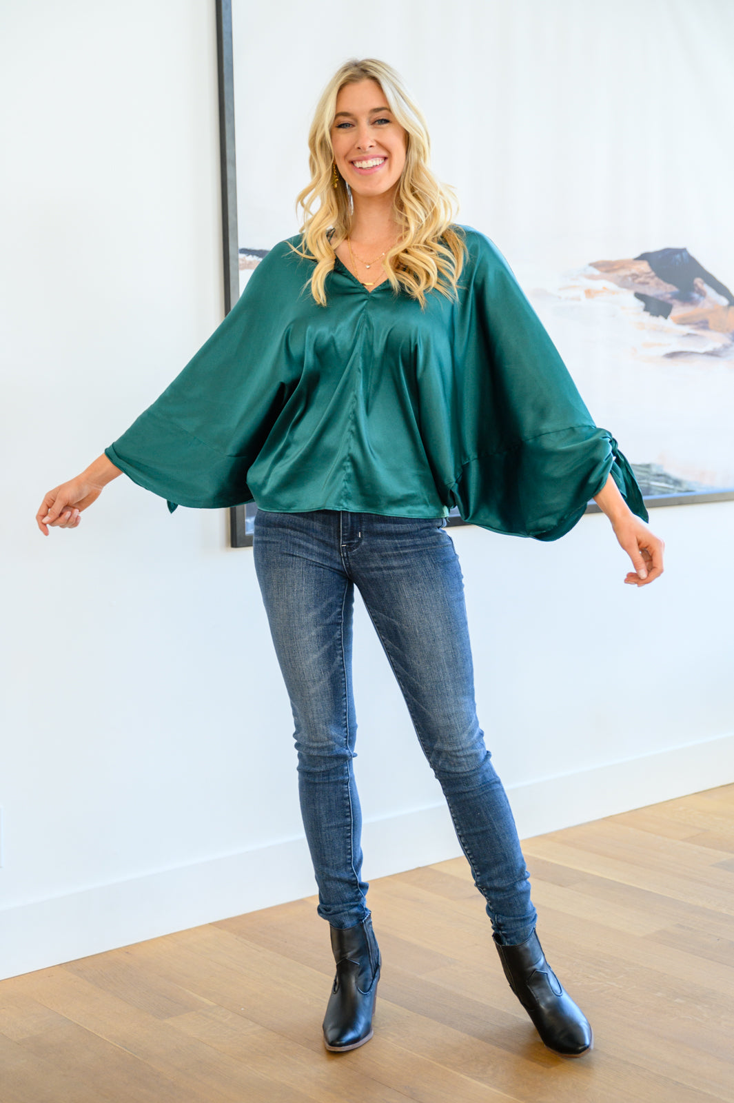 Green Satin Dreams Dolman Tie Sleeve Blouse