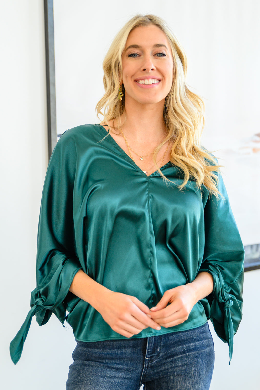 Green Satin Dreams Dolman Tie Sleeve Blouse Green S