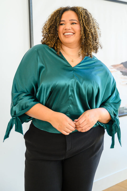 Green Satin Dreams Dolman Tie Sleeve Blouse Green 1XL