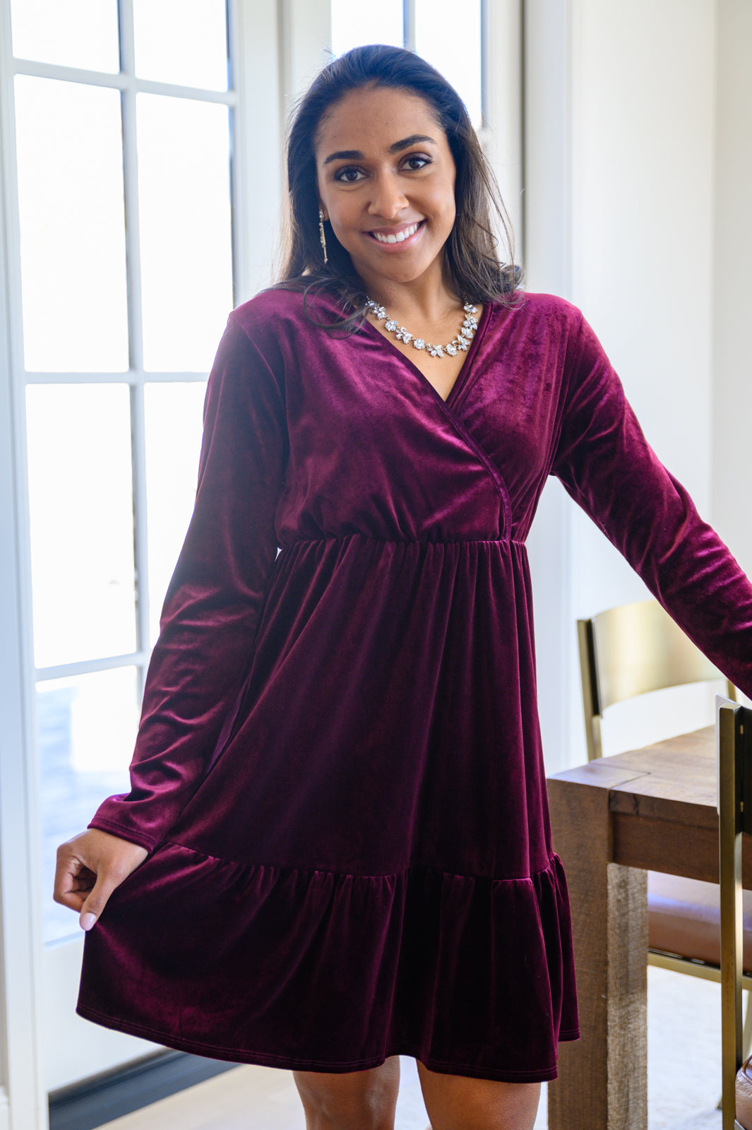 If You Please Velvet V-Neck Dress in Wine