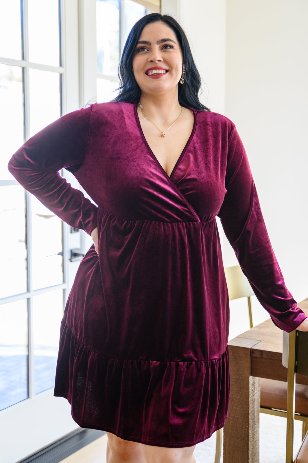 If You Please Velvet V-Neck Dress in Wine