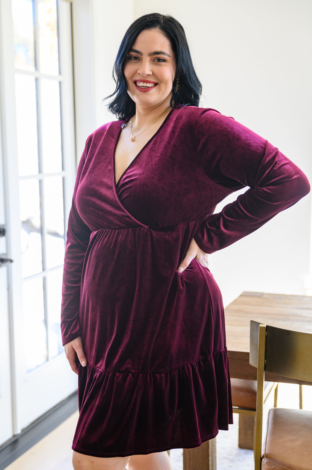 If You Please Velvet V-Neck Dress in Wine