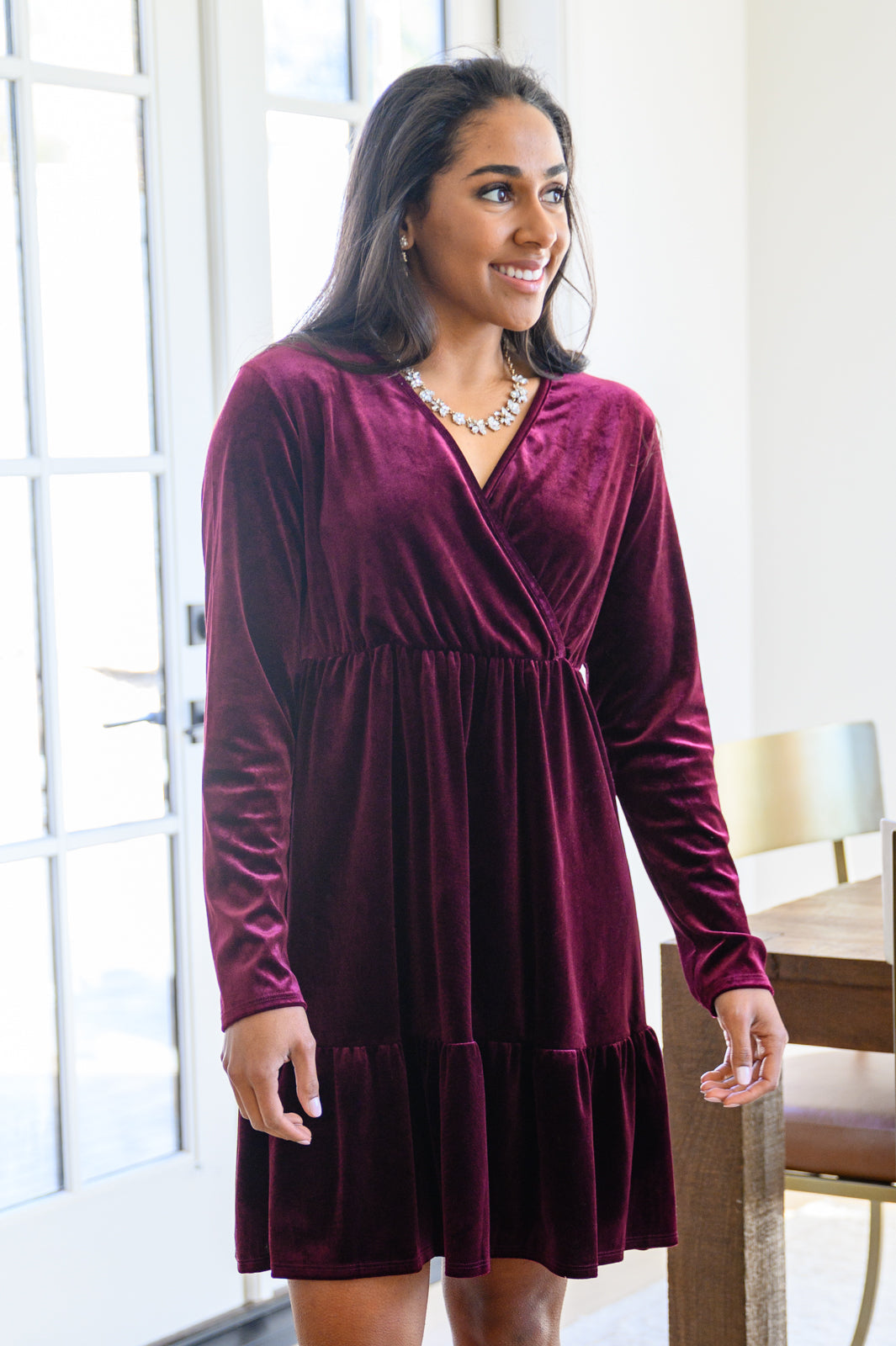 If You Please Velvet V-Neck Dress in Wine