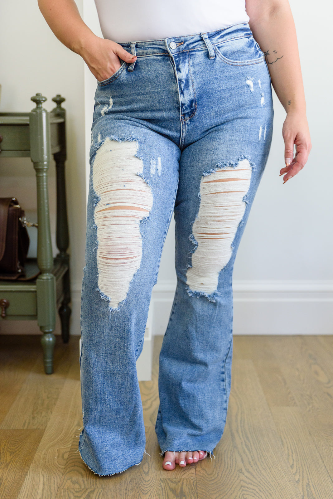 Judy Blue By a Thread Destroyed Flare Jeans Medium Wash 14W