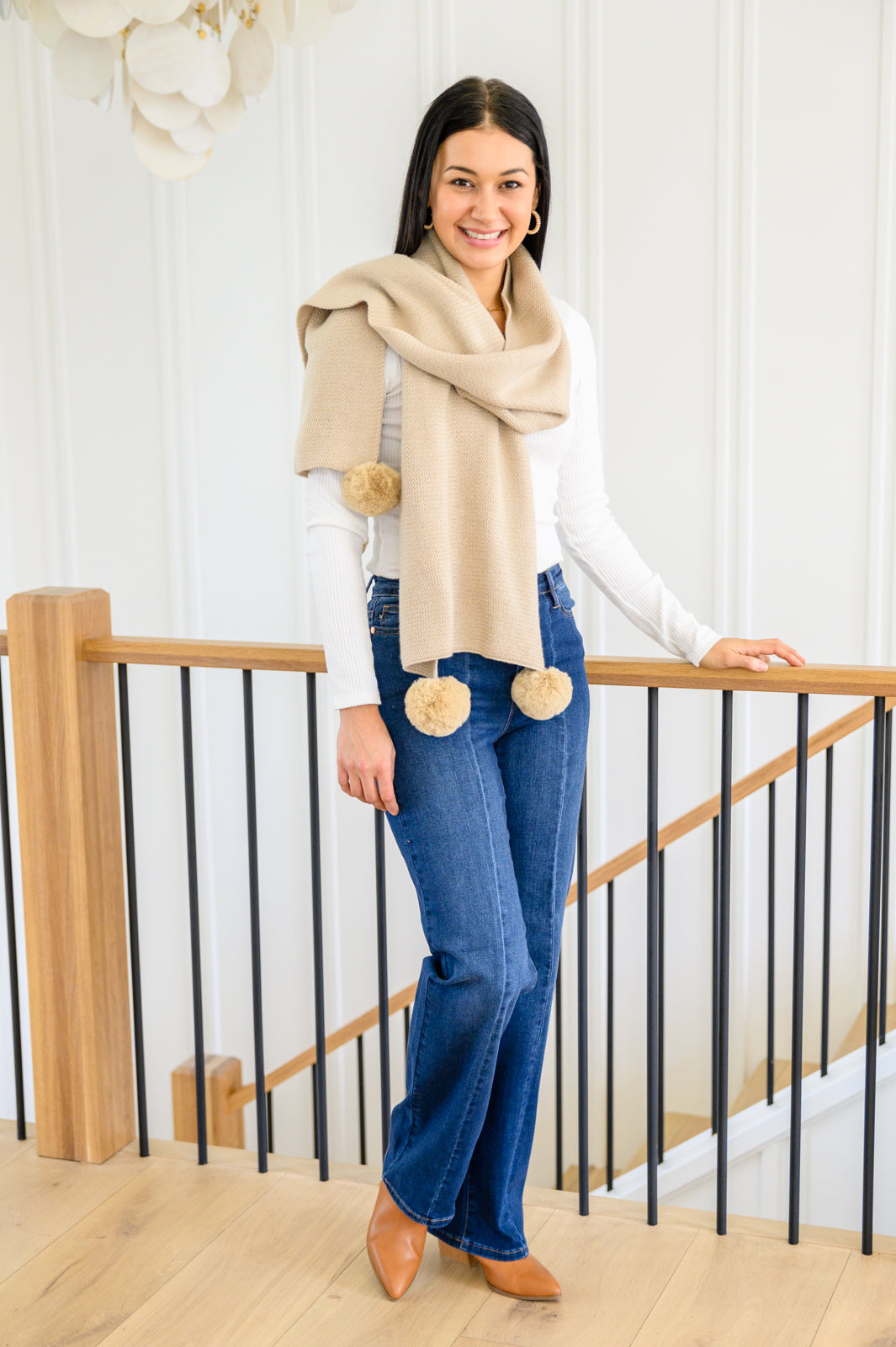 Warm Fuzzies Knitted Pom Pom Scarf In Beige