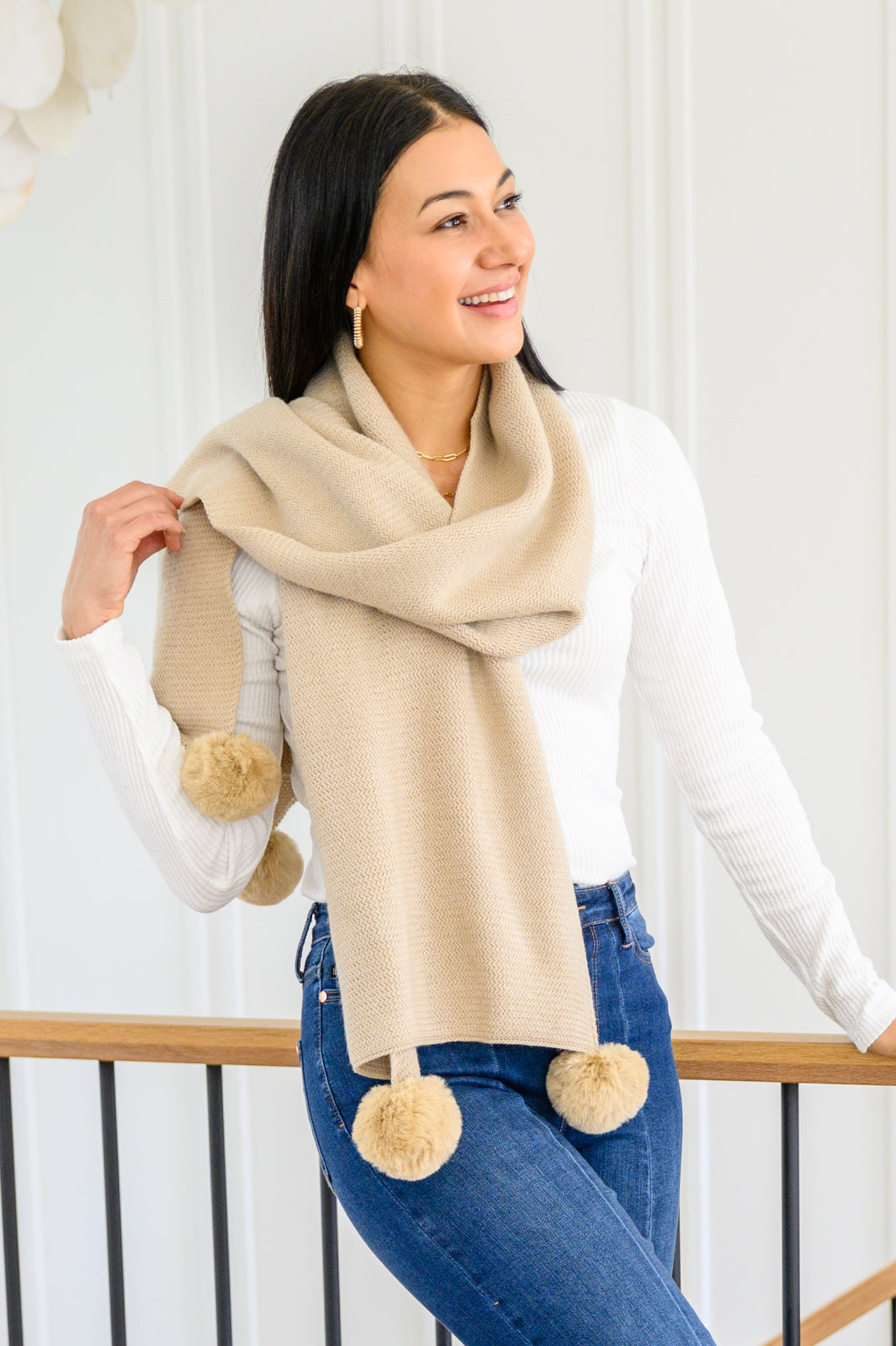 Warm Fuzzies Knitted Pom Pom Scarf In Beige