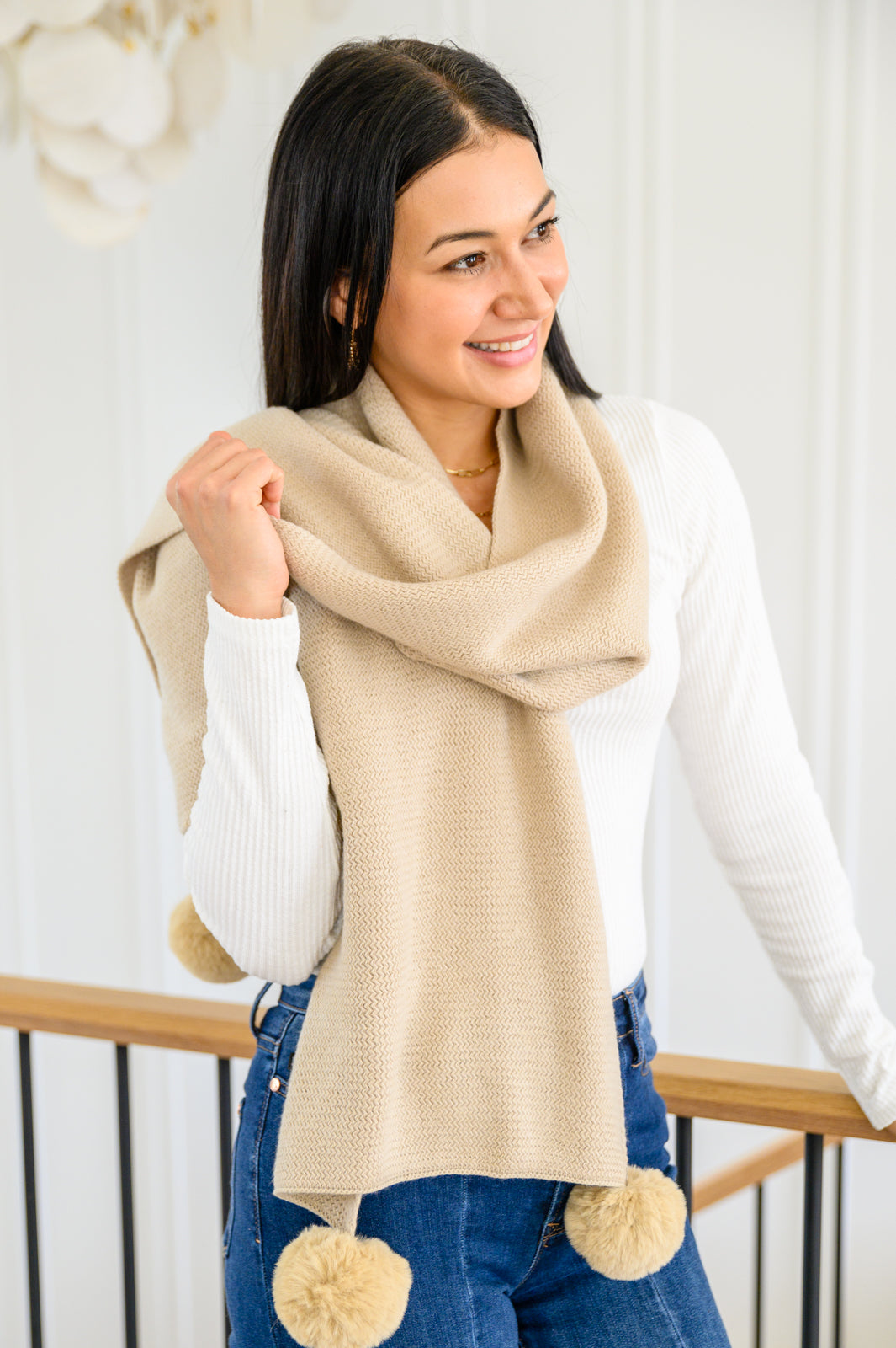Warm Fuzzies Knitted Pom Pom Scarf In Beige