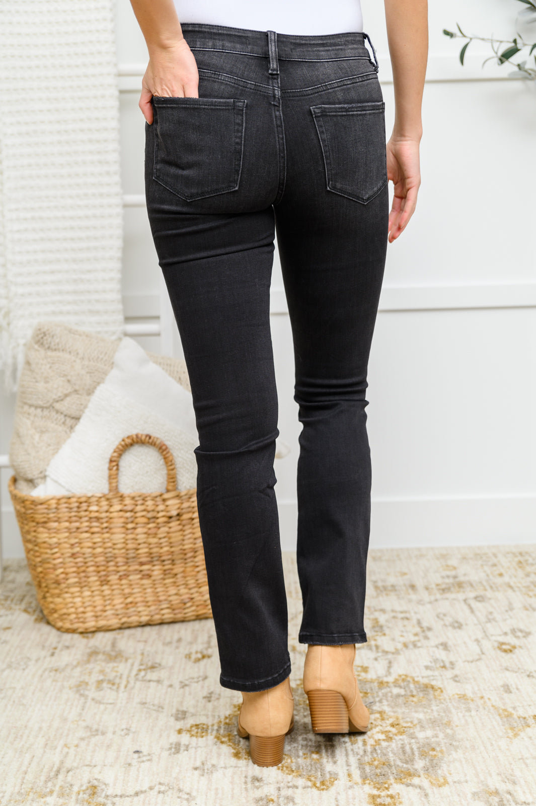 In the Night Mid Rise Straight Leg Jeans In Washed Black