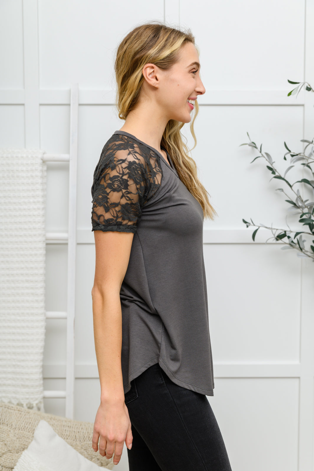 Let it Be Lace Detail Short Sleeve Tee In Gray