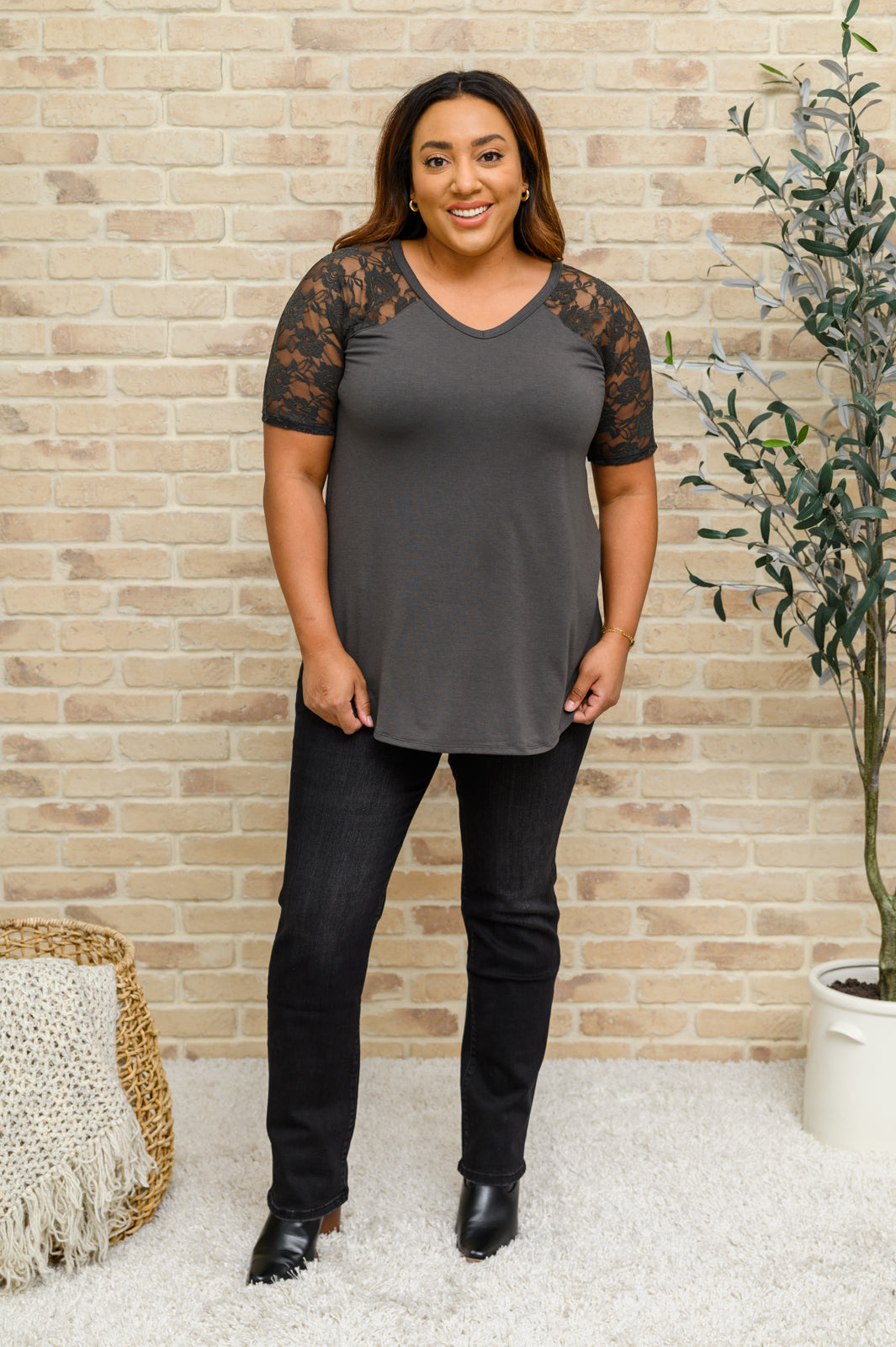 Let it Be Lace Detail Short Sleeve Tee In Gray