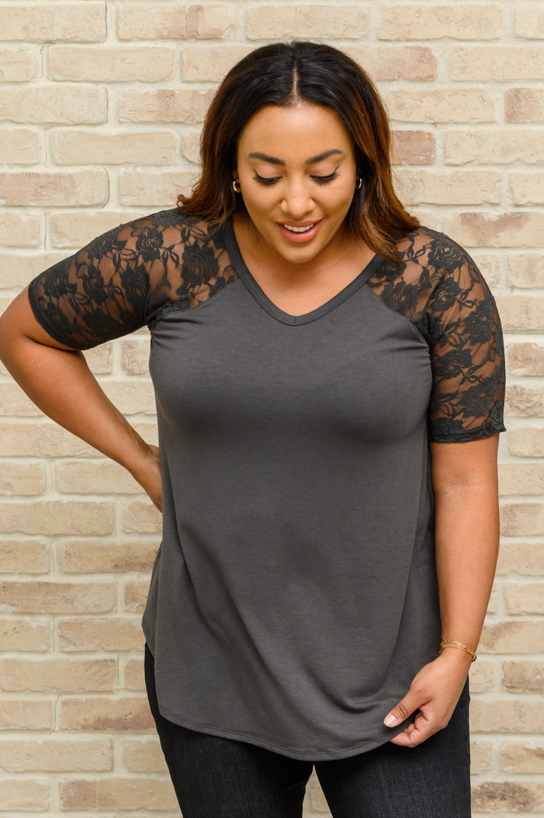 Let it Be Lace Detail Short Sleeve Tee In Gray Gray 1XL