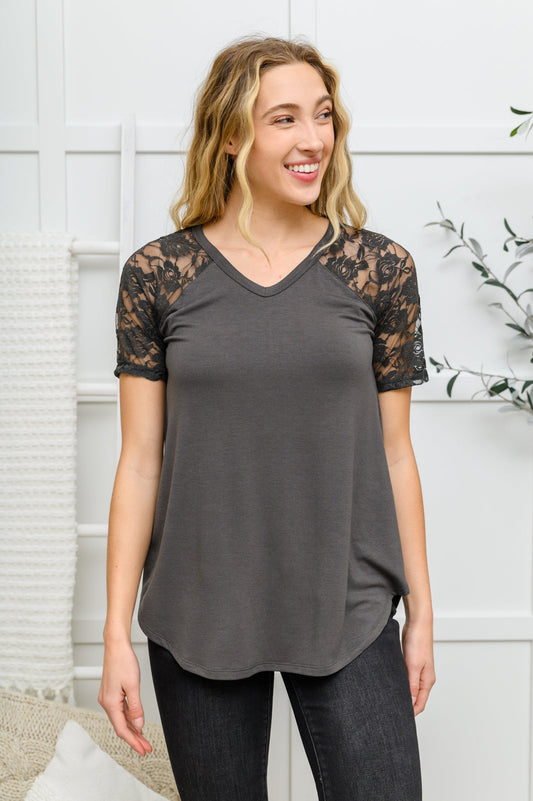 Let it Be Lace Detail Short Sleeve Tee In Gray Gray S