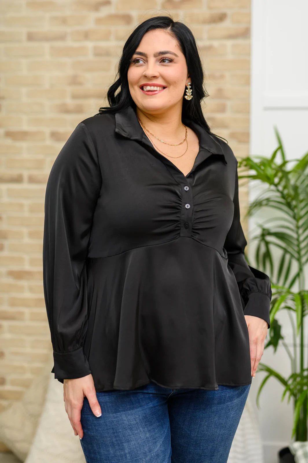 Half Past Midnight Babydoll Balloon Sleeve Blouse 1XL Black