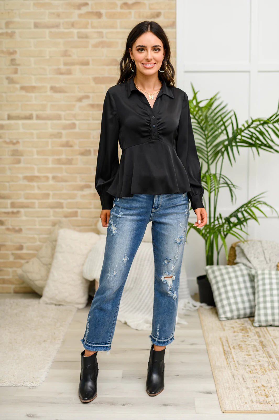 Half Past Midnight Babydoll Balloon Sleeve Blouse