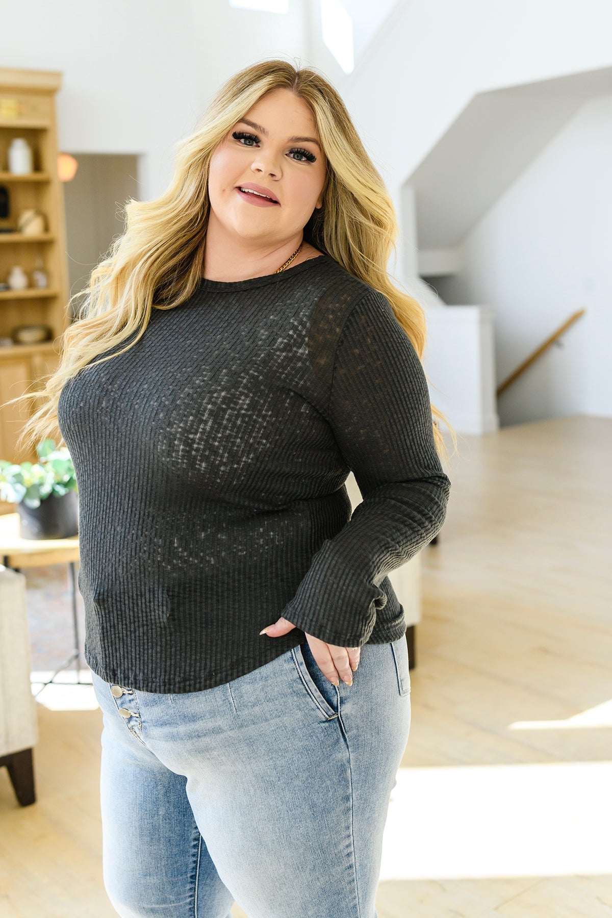 Curve Appeal Ribbed Knit Long Sleeve Top Charcoal 1XL