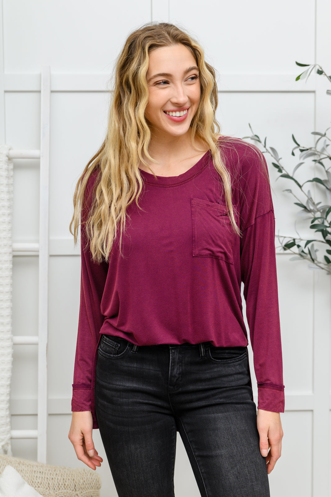 All on You Long Sleeve Knit Top With Pocket In Burgundy