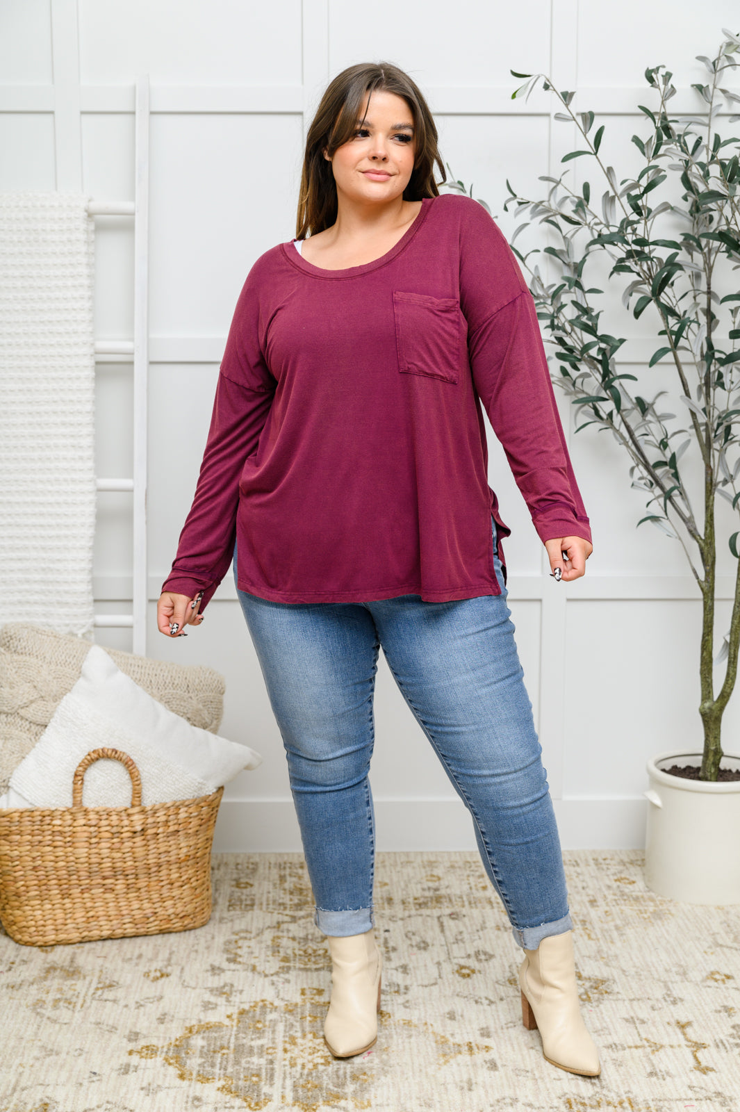 All on You Long Sleeve Knit Top With Pocket In Burgundy