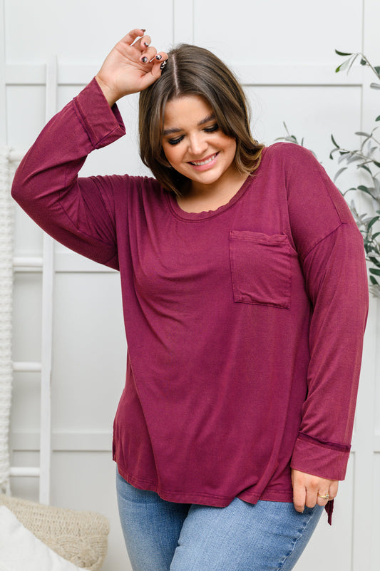 All on You Long Sleeve Knit Top With Pocket In Burgundy Burgundy 1XL 